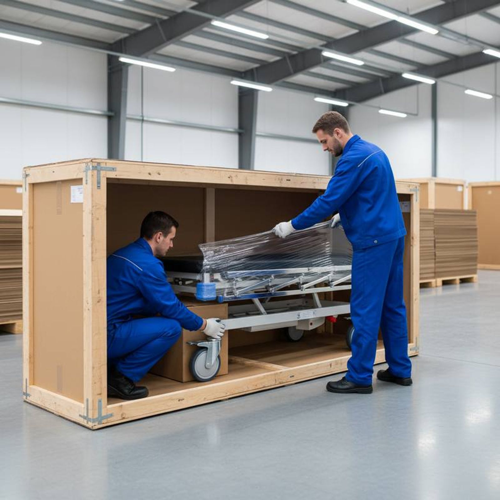 A photo showing a trolley being carefully packed into a sturdy export carton, with components like casters and bags wrapped for protection.