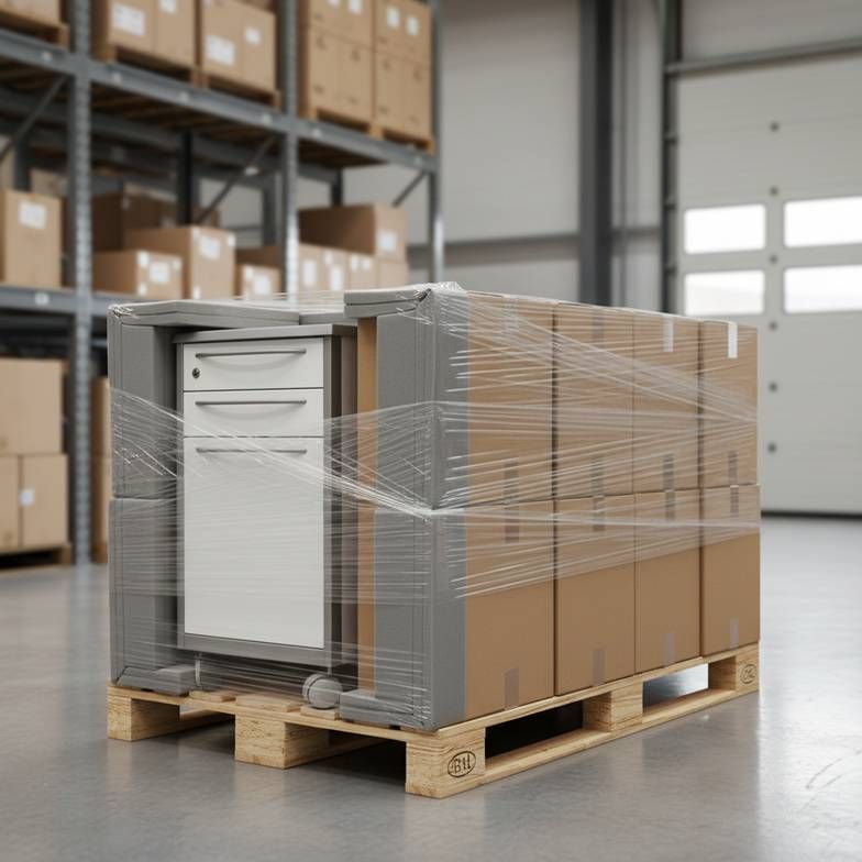 Neatly packed bedside cabinets in strong export cartons, ready for shipment in a warehouse.
