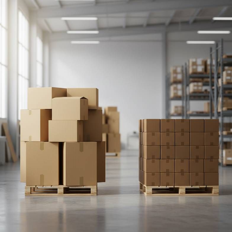 Two stacks of differently sized export cartons in a warehouse, illustrating how packing volume (CBM) can vary between suppliers for a similar product.