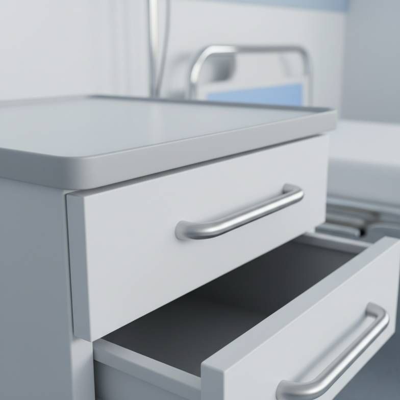 A close-up of a hospital bedside cabinet showing its material, surface finish, and drawer handles.