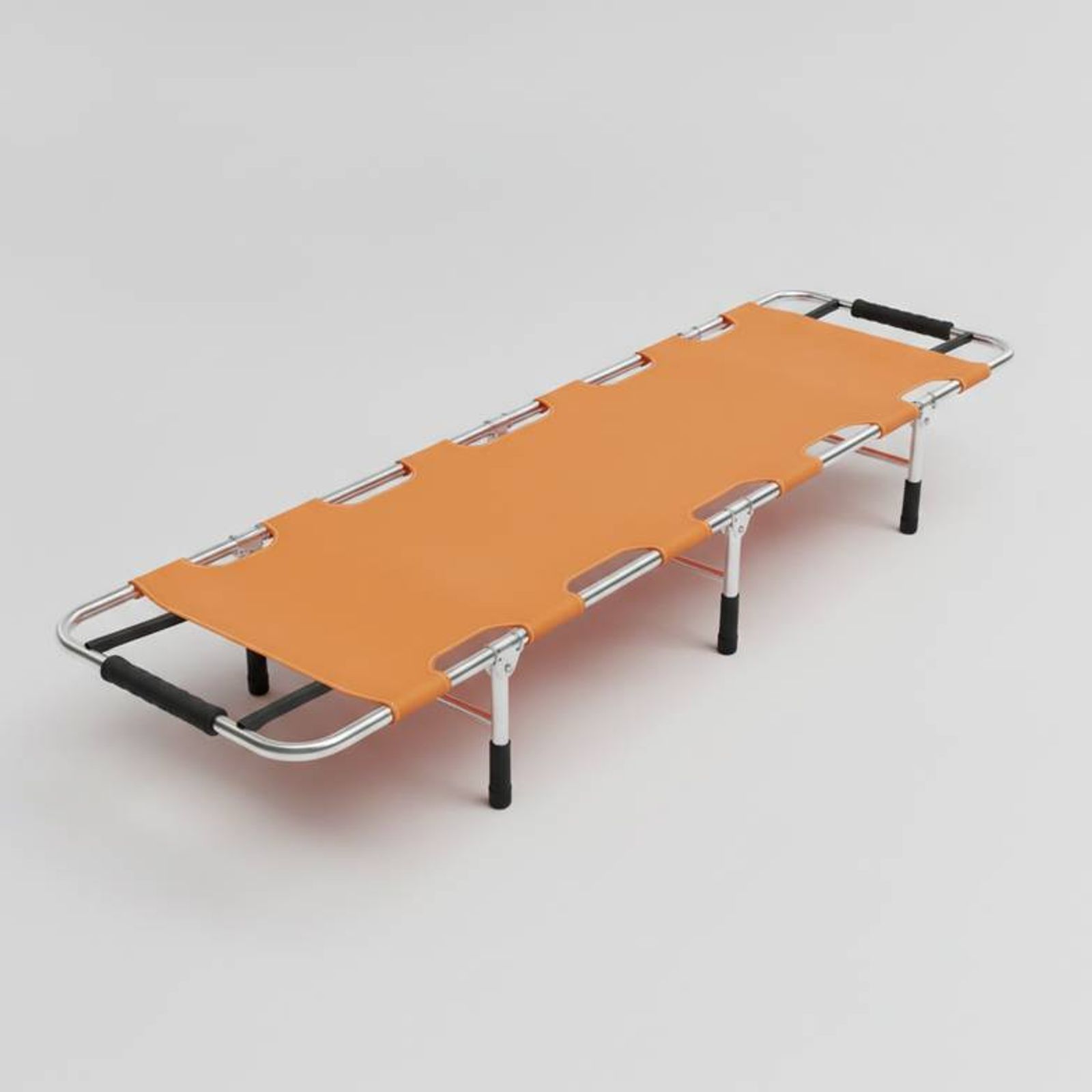 A high-quality portable folding stretcher showing its aluminum frame, orange fabric, and sturdy handles