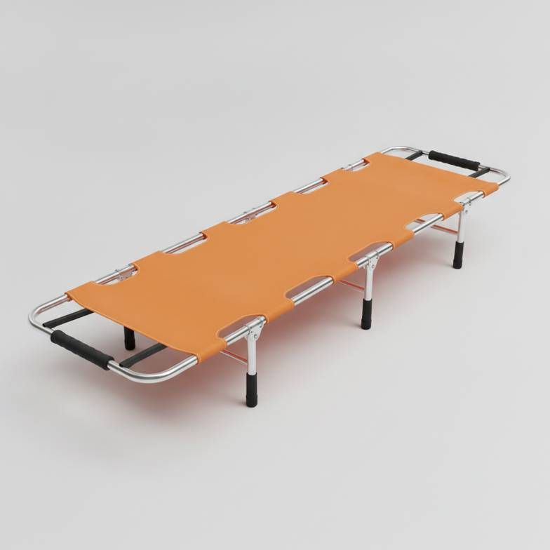 A high-quality portable folding stretcher showing its aluminum frame, orange fabric, and sturdy handles