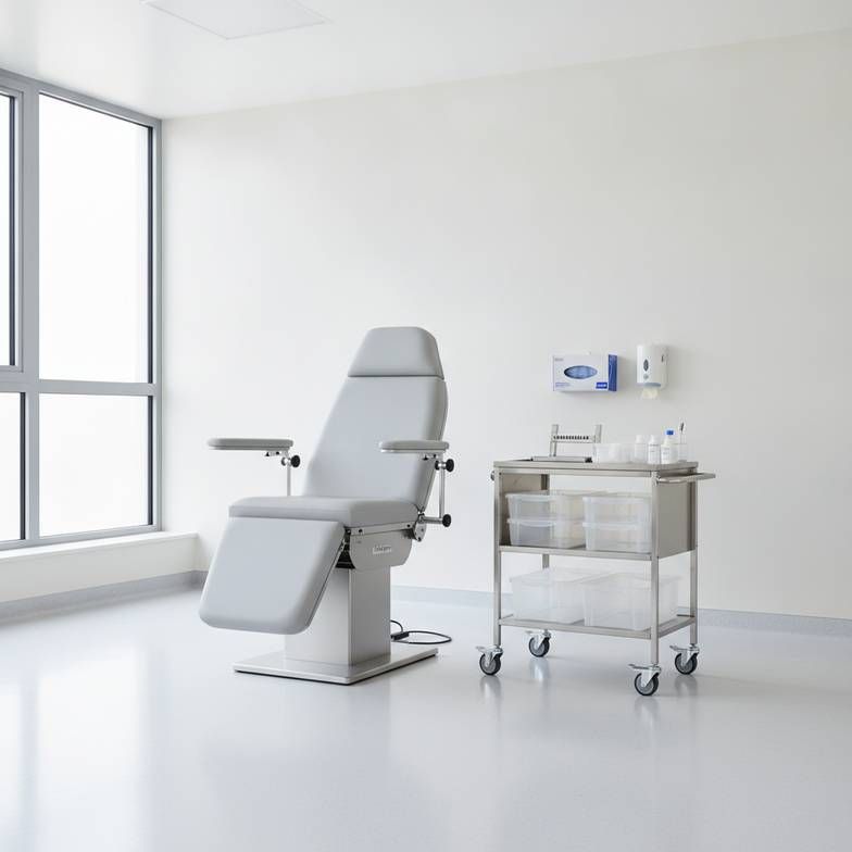 A well-organized clinical zone in a blood collection room, showing a phlebotomy chair, a fully-stocked trolley, and clear space for the phlebotomist to work.