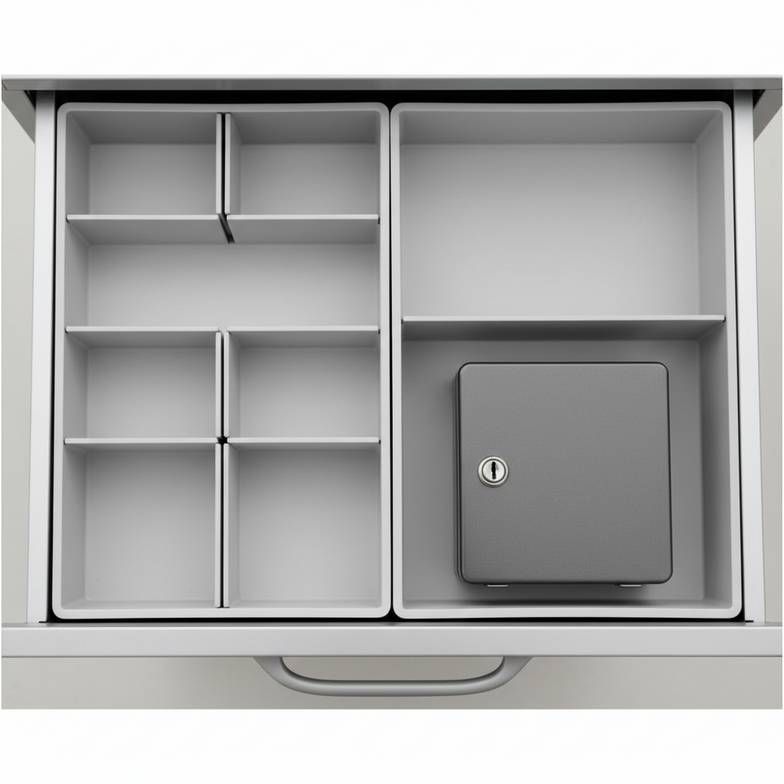 Close-up of organized medication cart drawer with dividers and a separate narcotic box