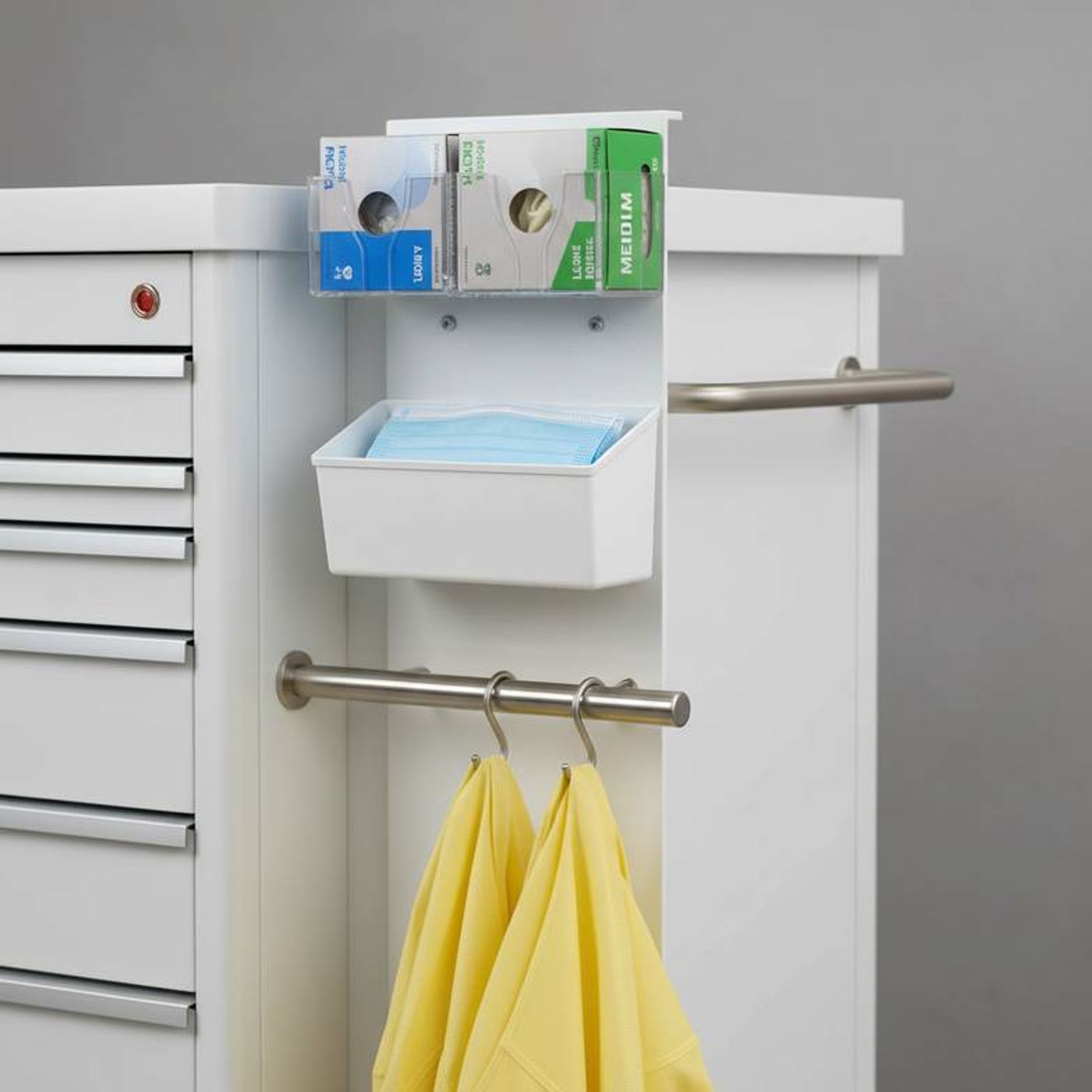 An isolation cart showing organized PPE holders for gloves, masks, and gowns