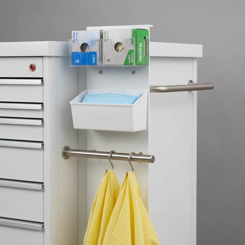 An isolation cart showing organized PPE holders for gloves, masks, and gowns