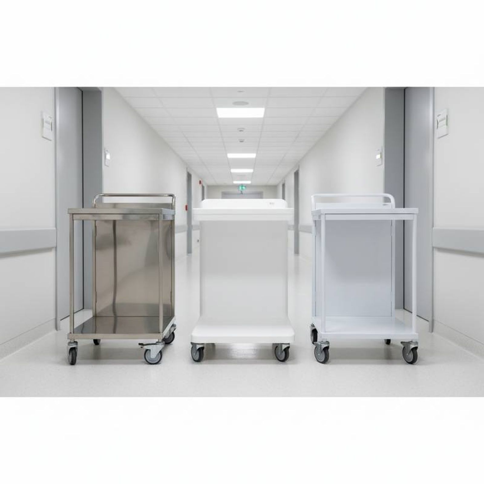 A clean, professional shot showing three different medical trolleys side-by-side—one stainless steel, one ABS, and one powder-coated steel—in a neutral healthcare setting.