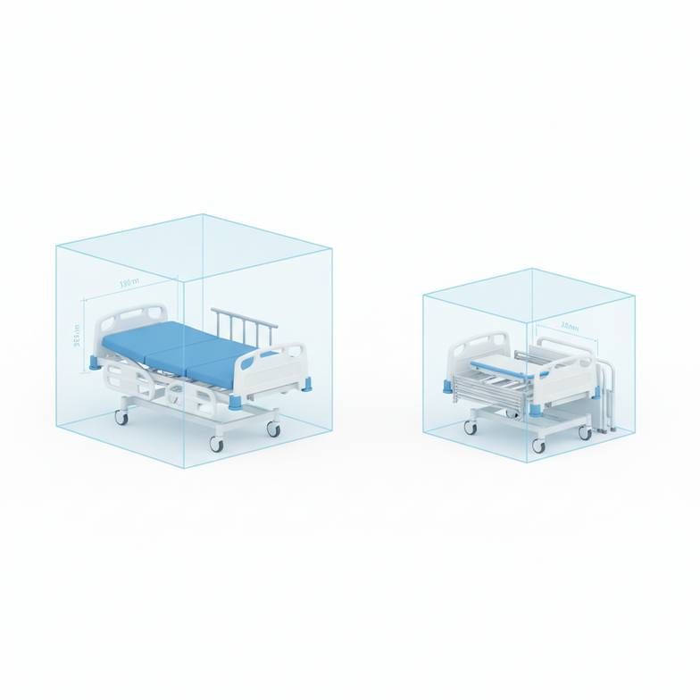 A diagram showing the CBM difference between a fully assembled hospital bed and a semi-knocked-down (SKD) one