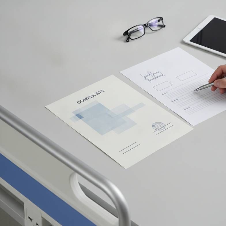 Close-up of a CE certificate next to a hospital bed specification sheet, part of a supplier audit.