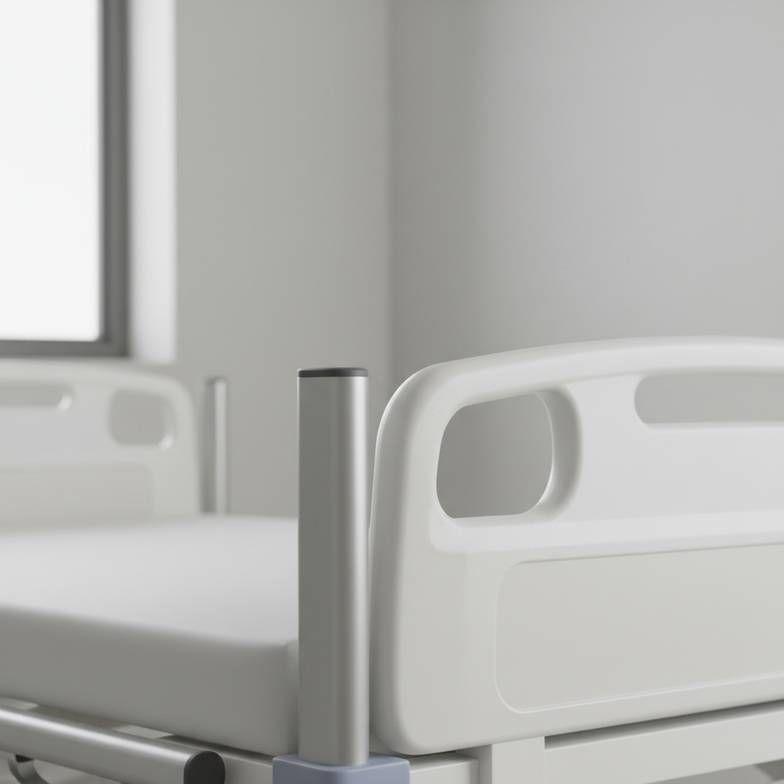 A close-up view of a hospital bed's ABS side rail and powder-coated steel frame, highlighting different hospital bed materials