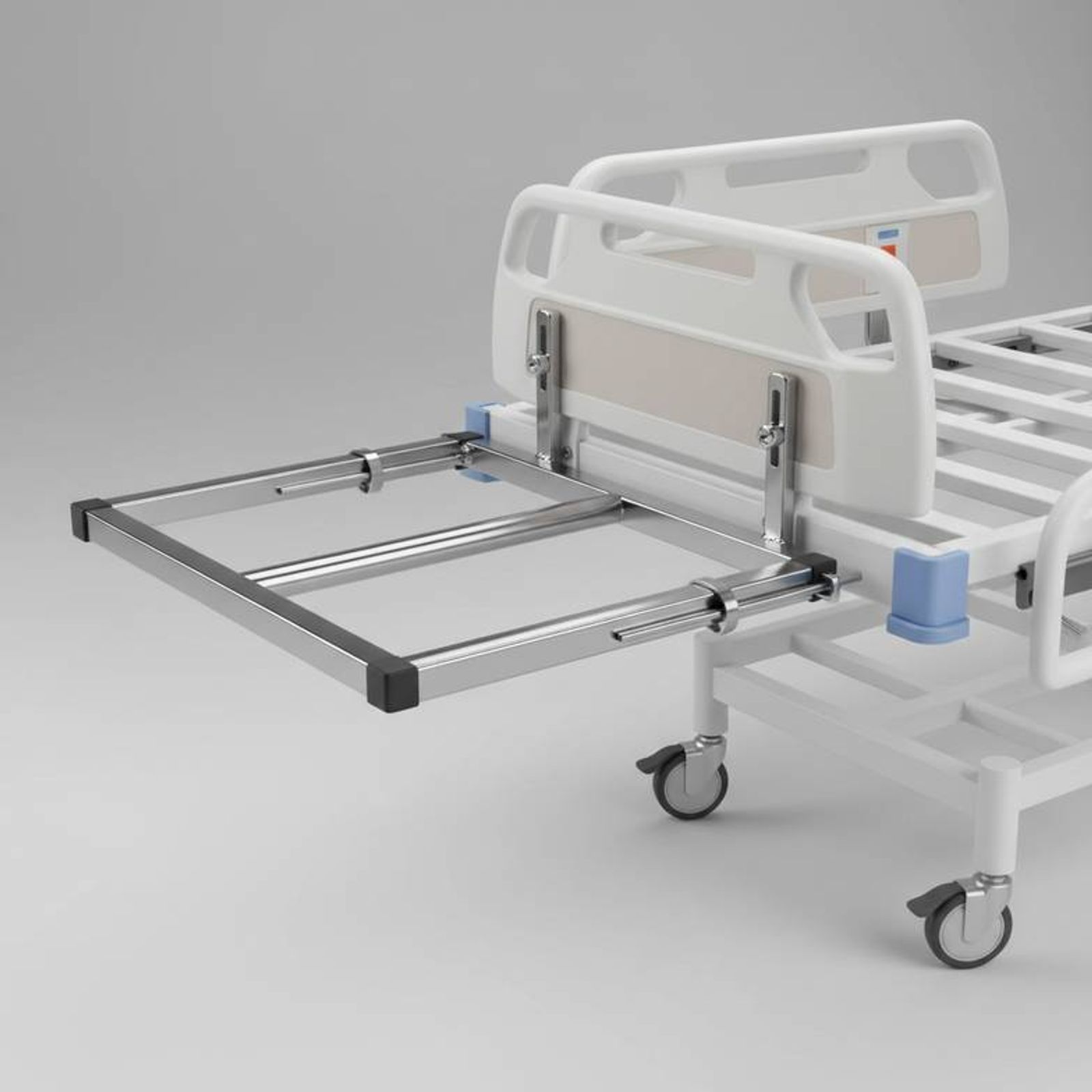 A close-up of a hospital bed extension kit securely attached to a hospital bed frame.