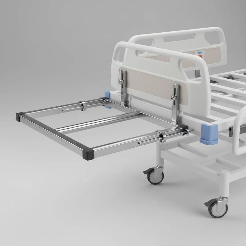 A close-up of a hospital bed extension kit securely attached to a hospital bed frame.