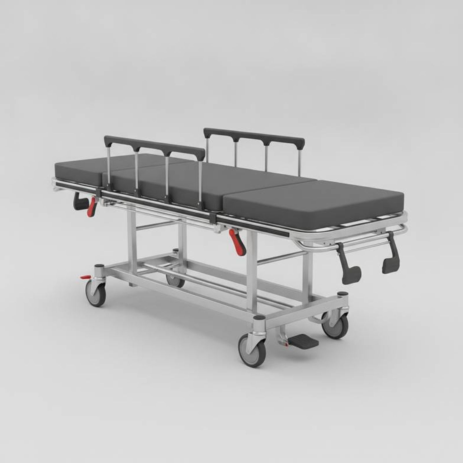 A robust emergency stretcher with hydraulic pedals and X-ray cassette holder