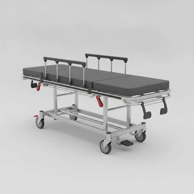 A robust emergency stretcher with hydraulic pedals and X-ray cassette holder