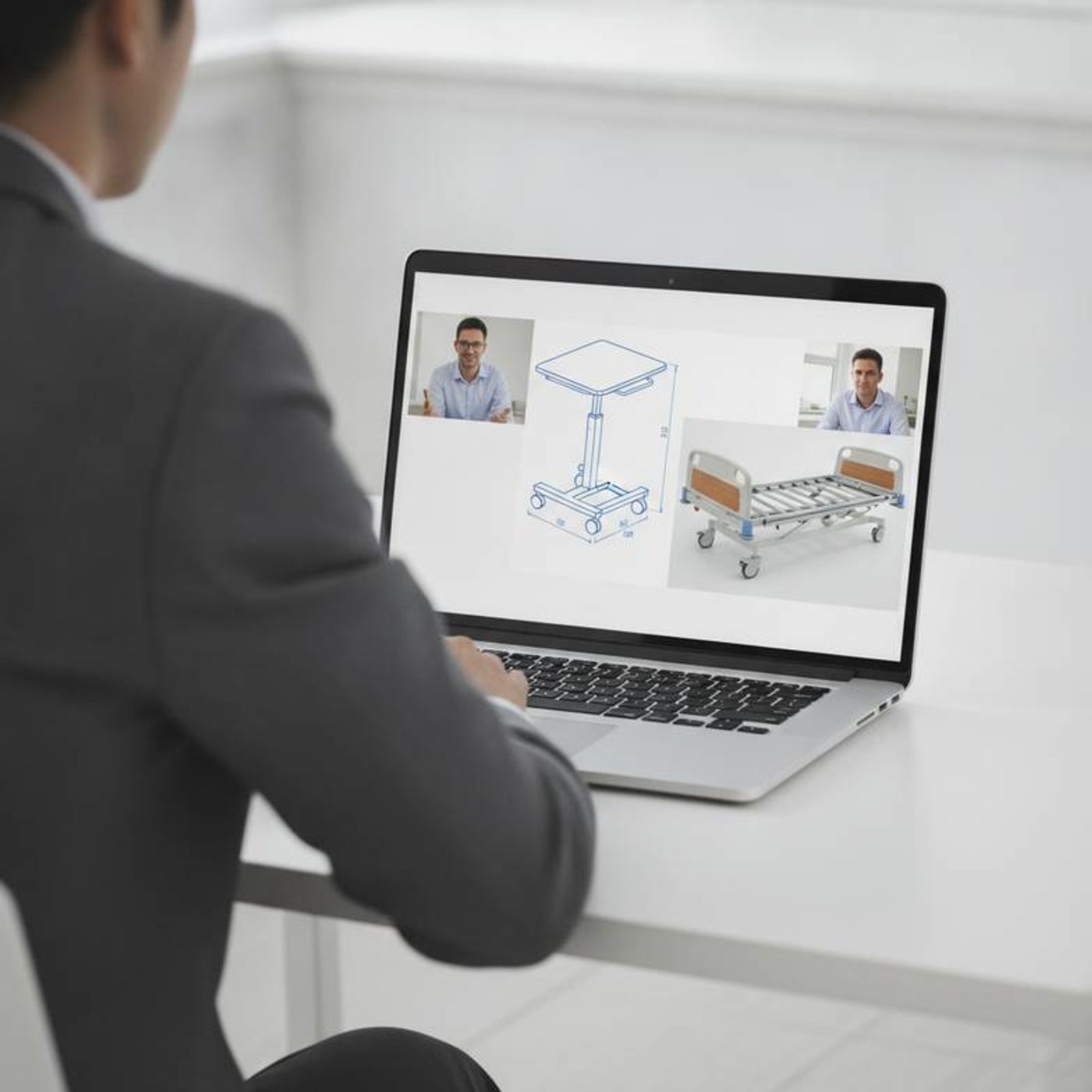A procurement manager discussing specifications with a supplier online, ensuring overbed table compatibility.