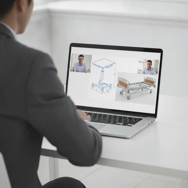 A procurement manager discussing specifications with a supplier online, ensuring overbed table compatibility.