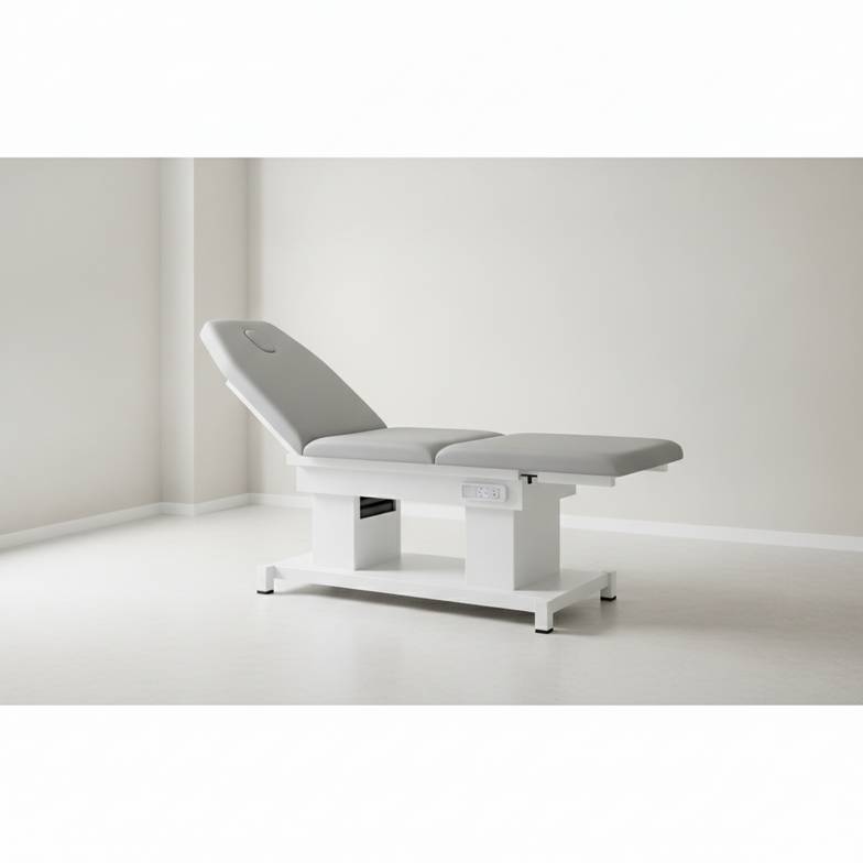 A modern medical exam table in a clean clinic setting, illustrating a key part of a buying guide