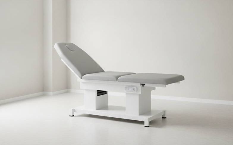 A modern medical exam table in a clean clinic setting, illustrating a key part of a buying guide