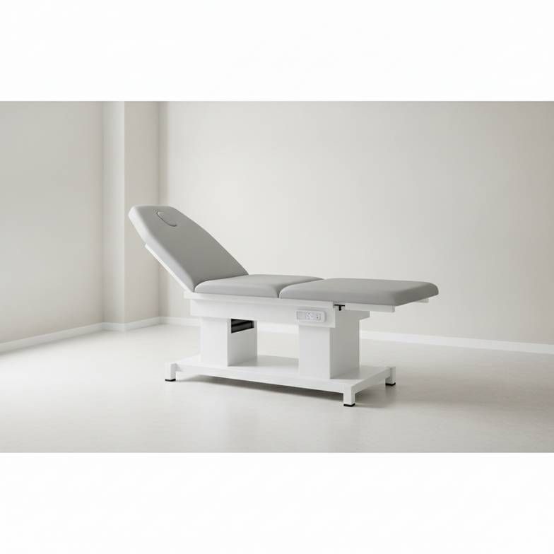 A modern medical exam table in a clean clinic setting, illustrating a key part of a buying guide