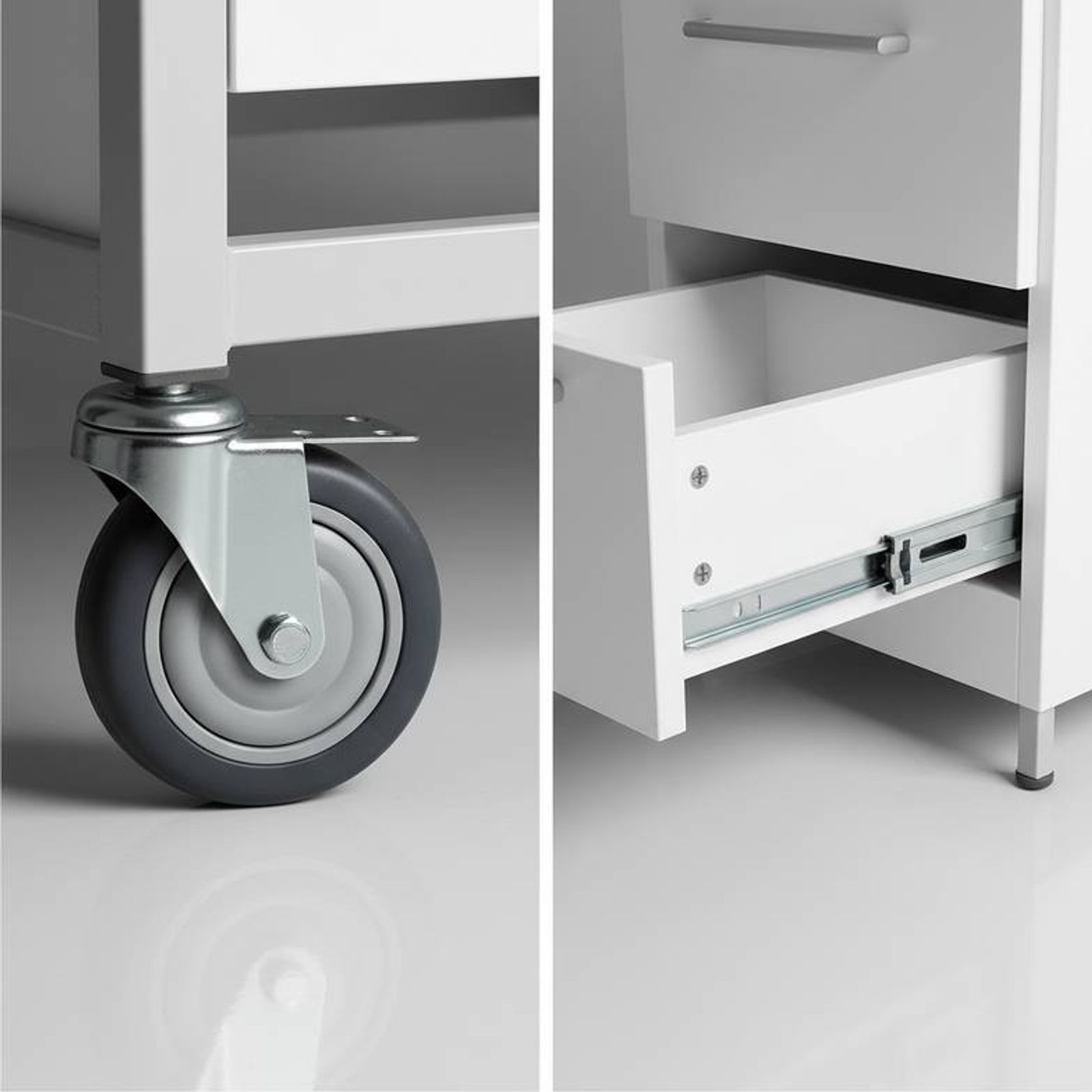 A detailed view of high-quality components on a hospital bedside cabinet, including smooth-rolling casters and sturdy drawer runners