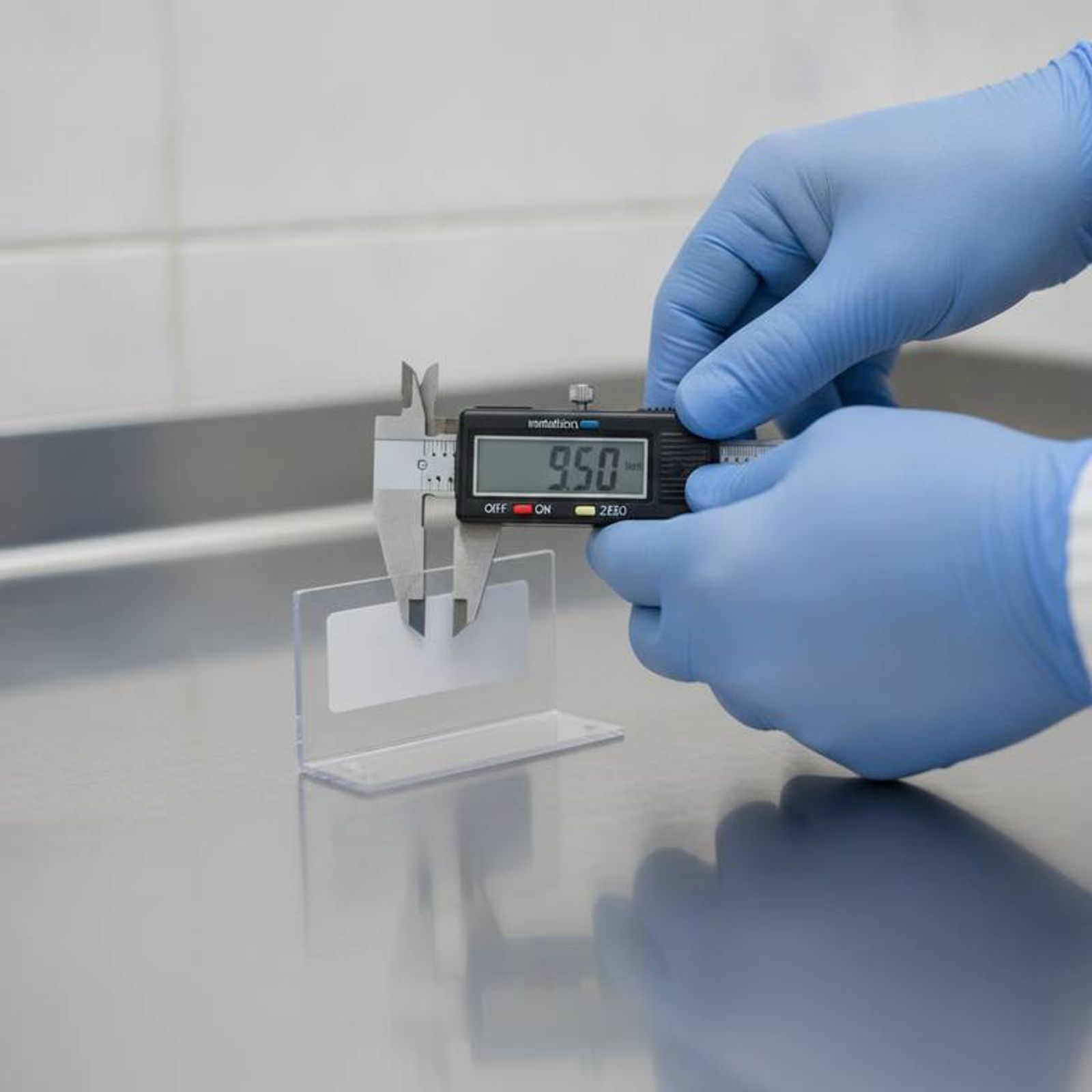 A photo showing a person using a caliper to measure the internal dimensions of a medical trolley label holder.