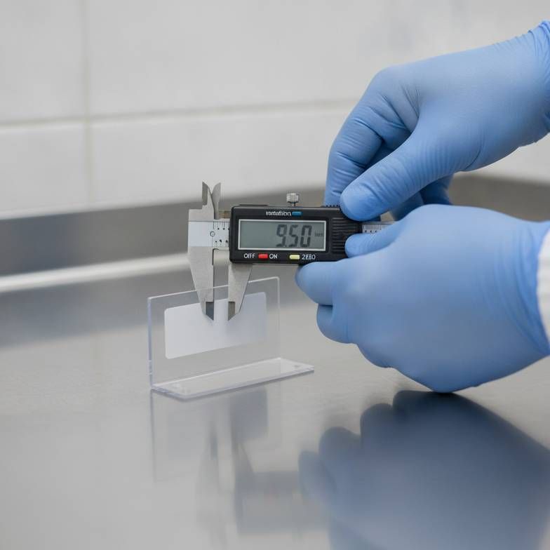 A photo showing a person using a caliper to measure the internal dimensions of a medical trolley label holder.