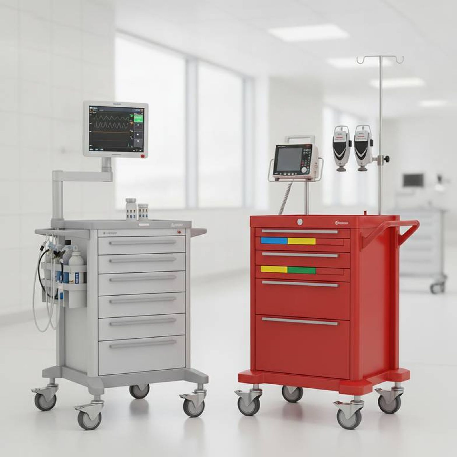 A fully equipped emergency cart showing an IV pole, defibrillator shelf, and oxygen tank holder