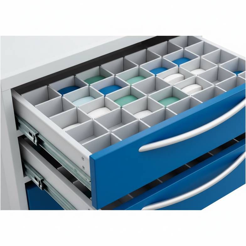 A close-up shot of an emergency trolley's drawers, showing different sizes and internal dividers for organizing medical supplies.