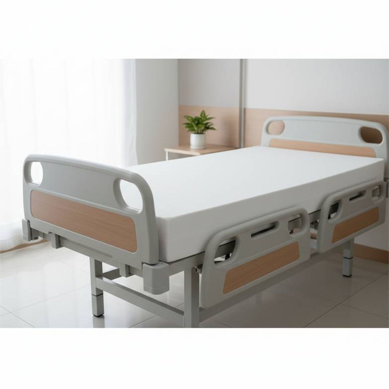 A clean and professional shot of a hospital bed with a neatly fitted mattress, highlighting the mattress as a key component of the patient bed system.