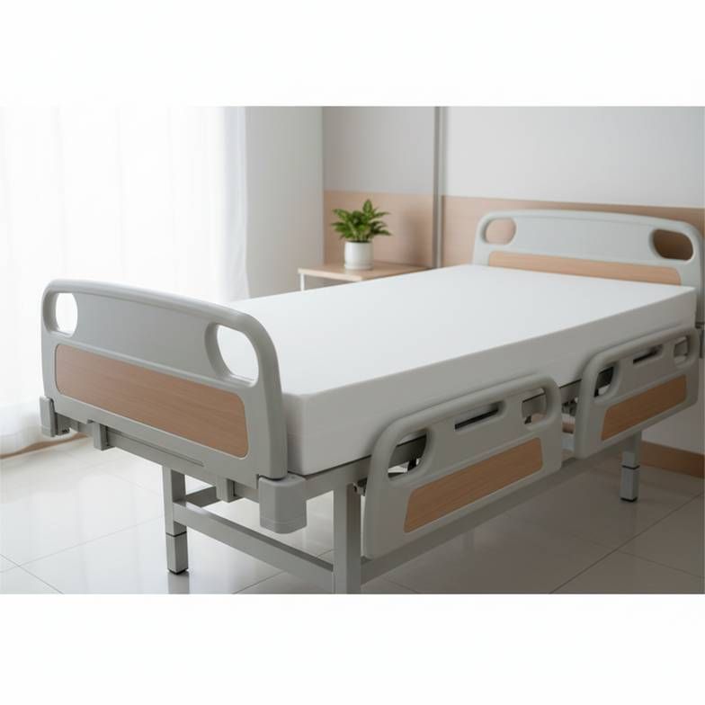 A clean and professional shot of a hospital bed with a neatly fitted mattress, highlighting the mattress as a key component of the patient bed system.
