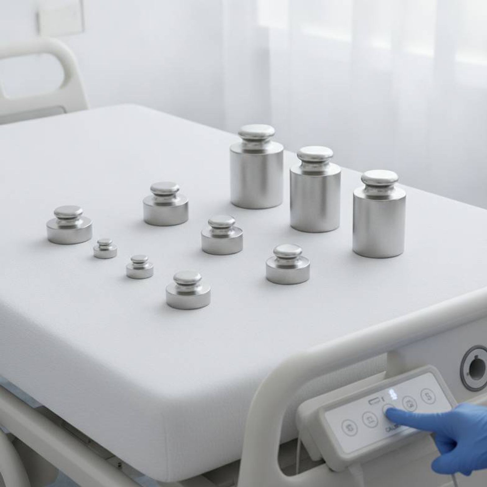 A biomedical technician calibrating a hospital bed weighing system using a set of certified weights.