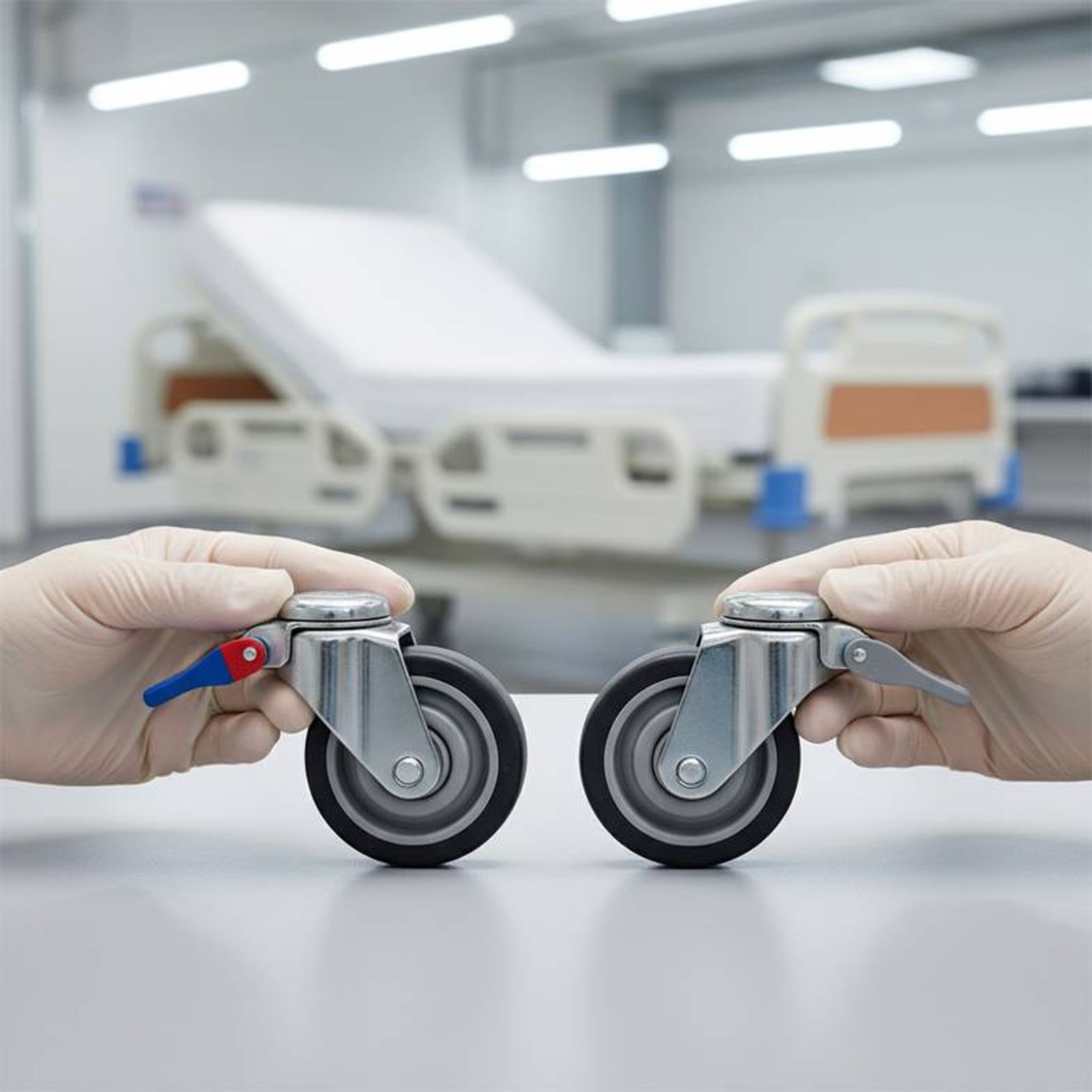 Side-by-side images of two identical-looking hospital beds. Callout boxes point to hidden differences: one has a branded LINAK motor, the other a generic motor; one has durable TENTE casters, the other small, generic casters.