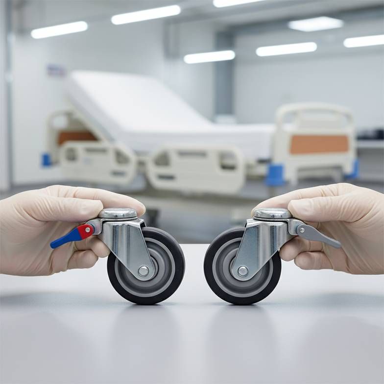 Side-by-side images of two identical-looking hospital beds. Callout boxes point to hidden differences: one has a branded LINAK motor, the other a generic motor; one has durable TENTE casters, the other small, generic casters.
