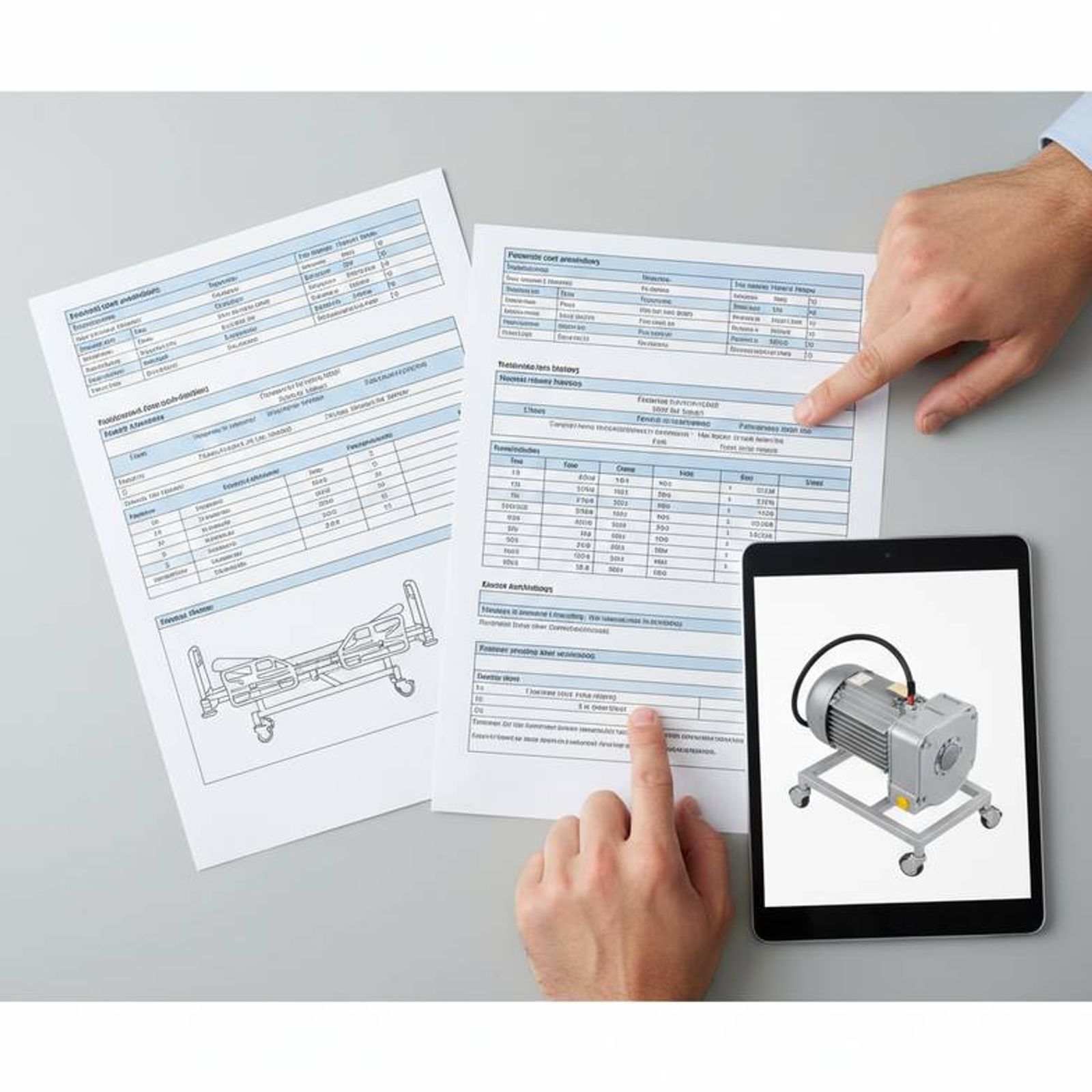 A procurement manager comparing technical specification sheets for Trendelenburg hospital beds.