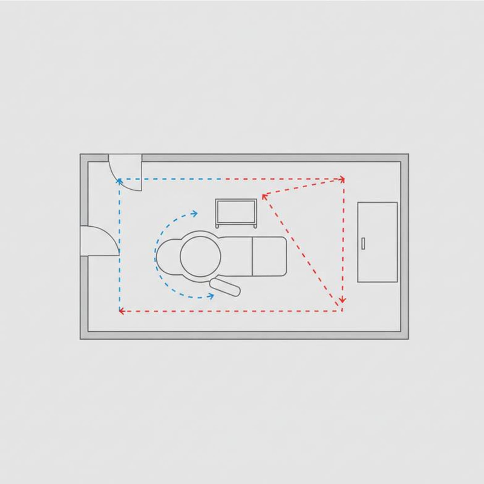 A simple floor plan sketch showing the workflow path for a patient and phlebotomist in a blood collection room.