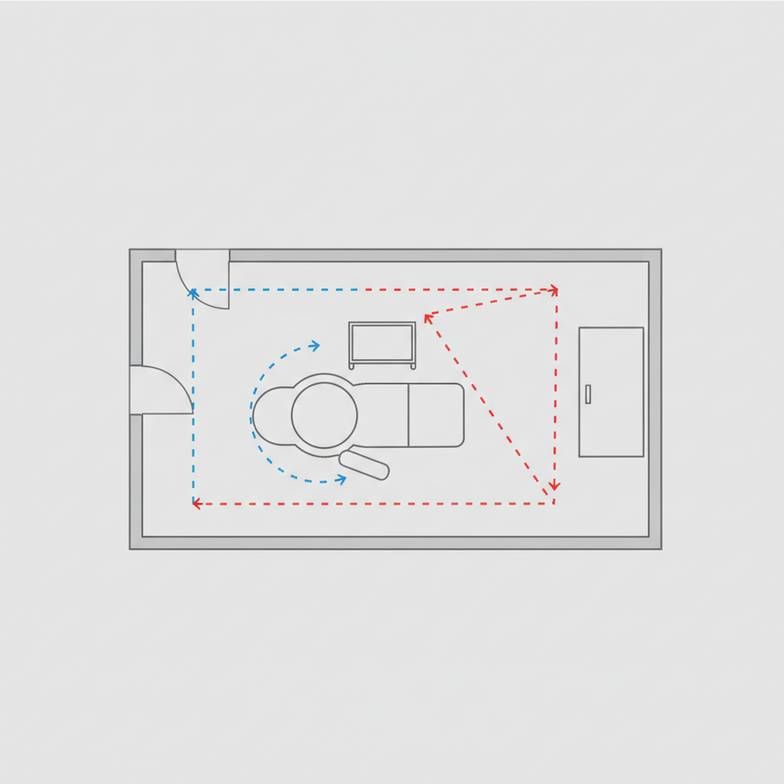 A simple floor plan sketch showing the workflow path for a patient and phlebotomist in a blood collection room.