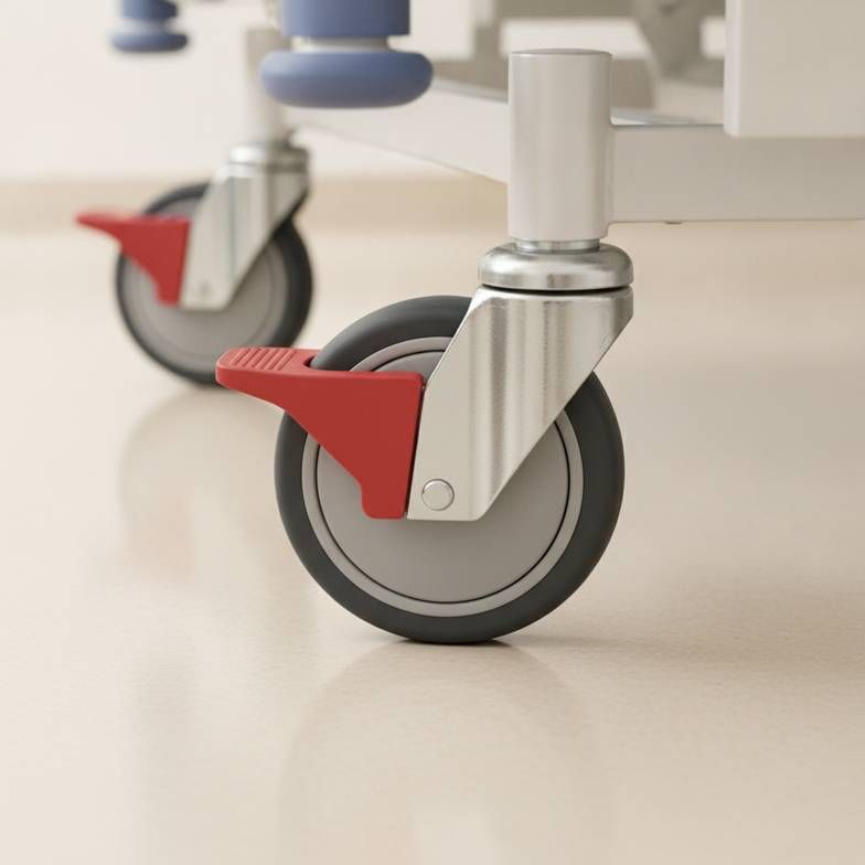 Close-up of the central braking pedal and a large, heavy-duty caster on a bariatric hospital bed.