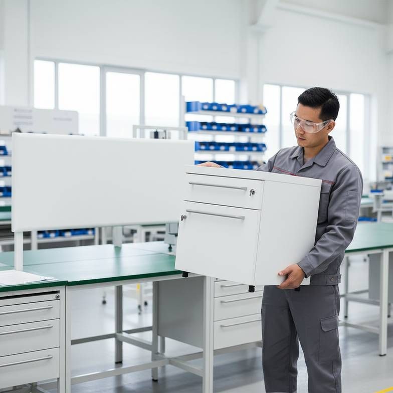A quality control scene showing a supplier inspecting two pieces of furniture—a bedside cabinet and part of a bed frame—side-by-side to check for color and finish consistency.