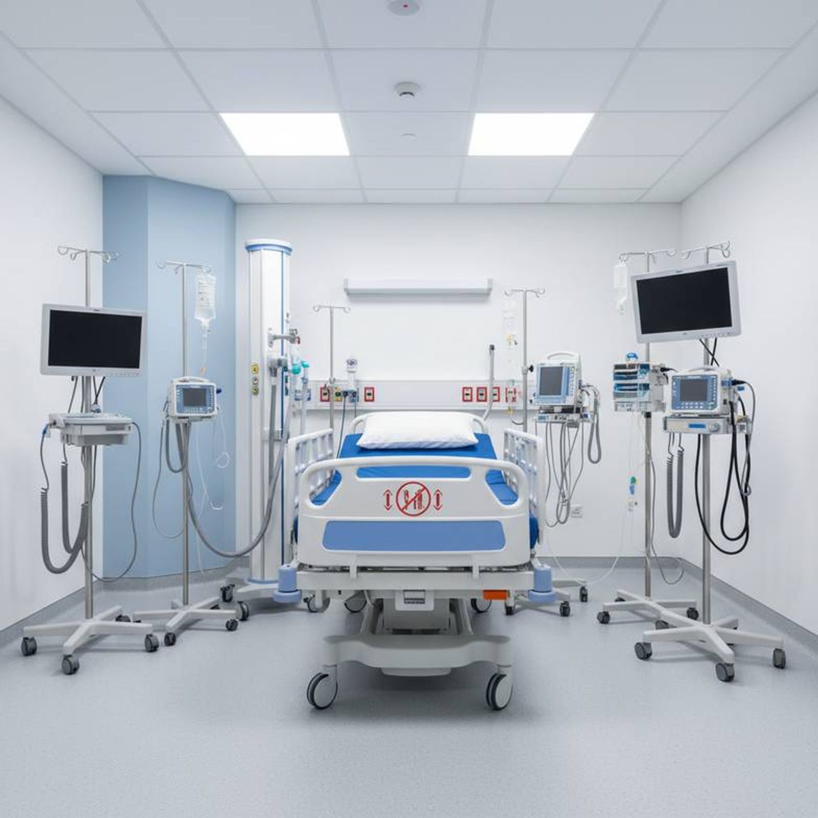 An ICU room filled with equipment, highlighting the need for access to both sides of the hospital bed for CPR function activation.