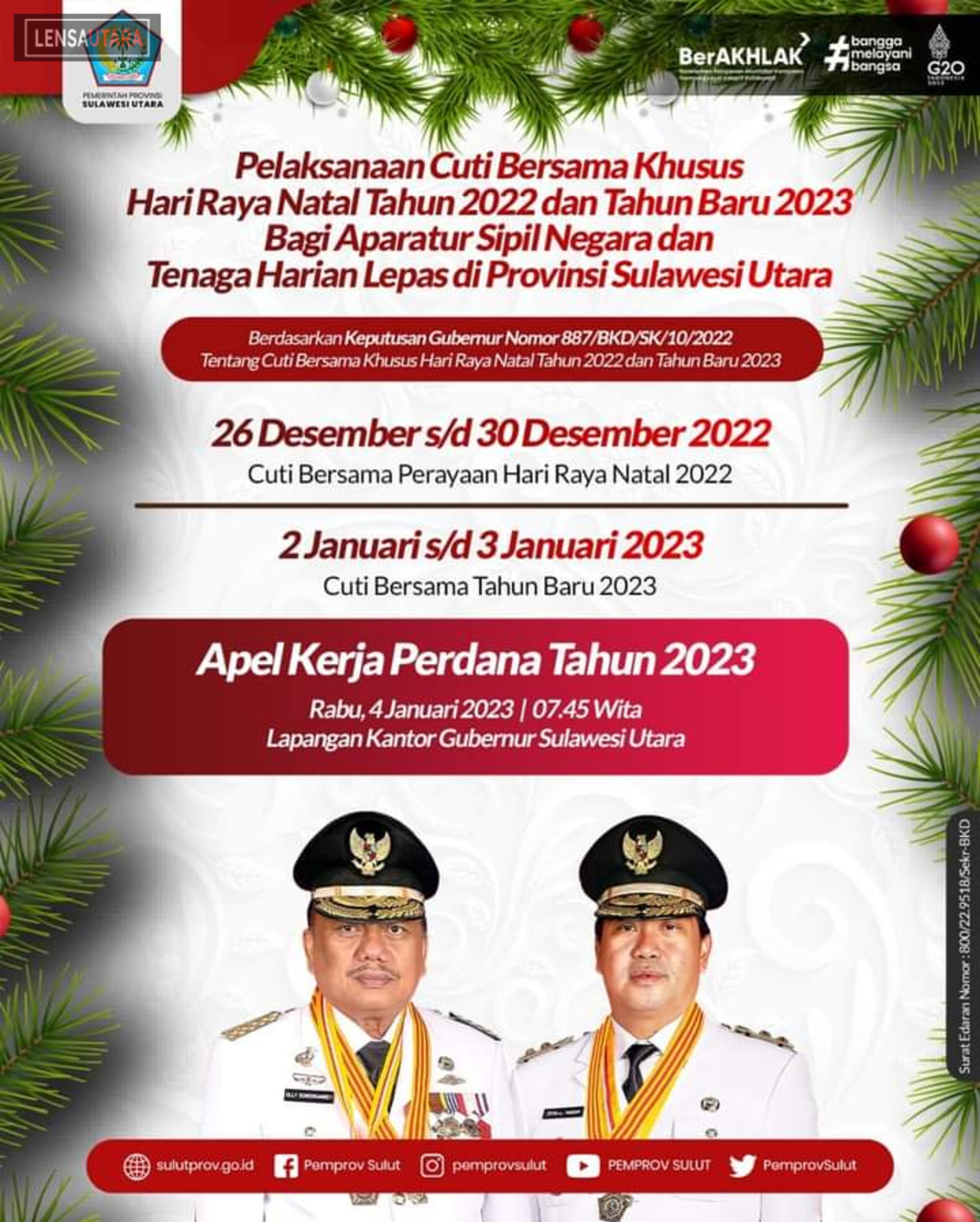 Gubernur Olly Tetapkan Cuti Bersama Natal dan Tahun Baru Selama 7 Hari