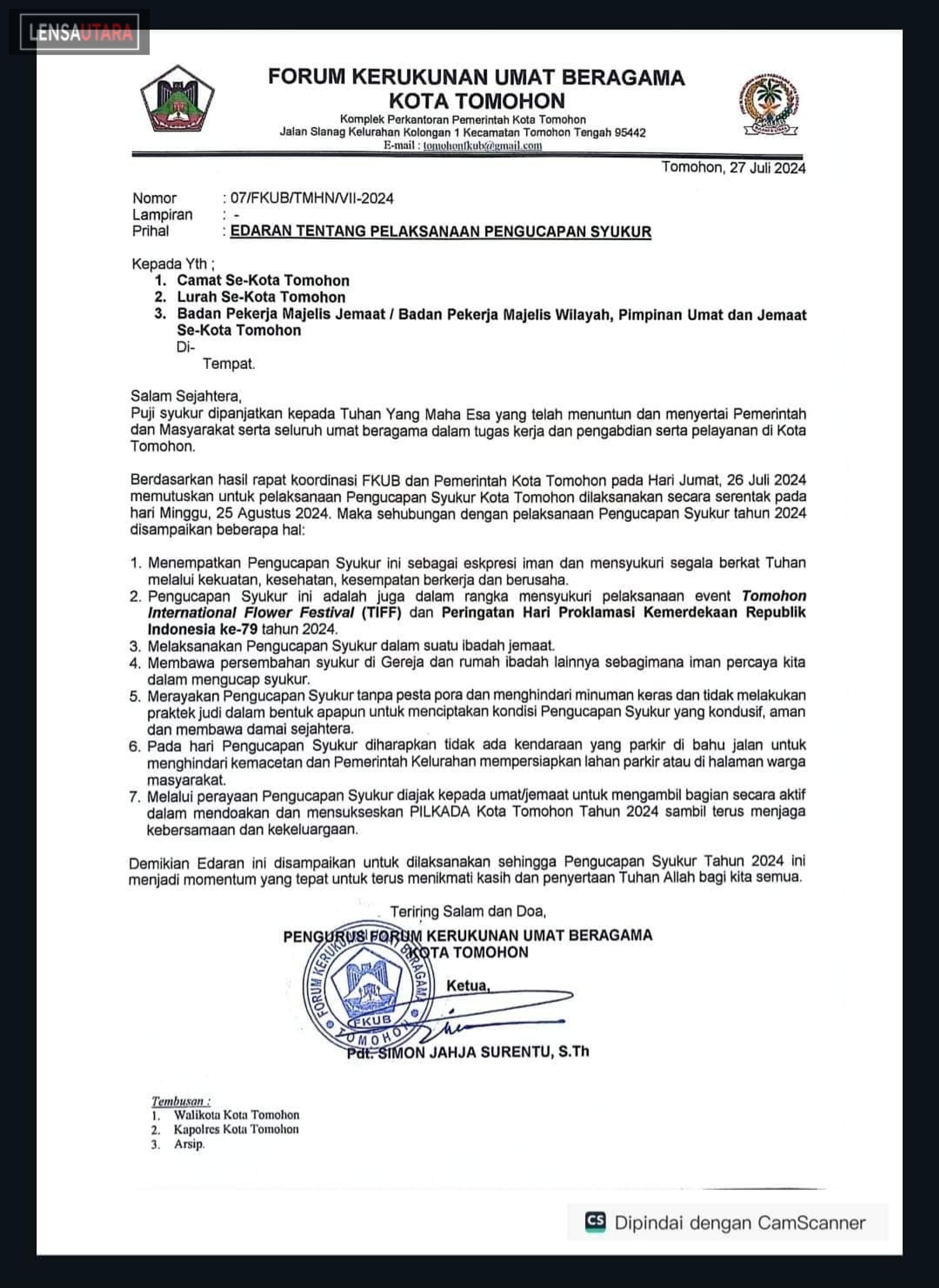 Pengucapan Syukur Kota Tomohon Digelar 25 Agustus 2024
