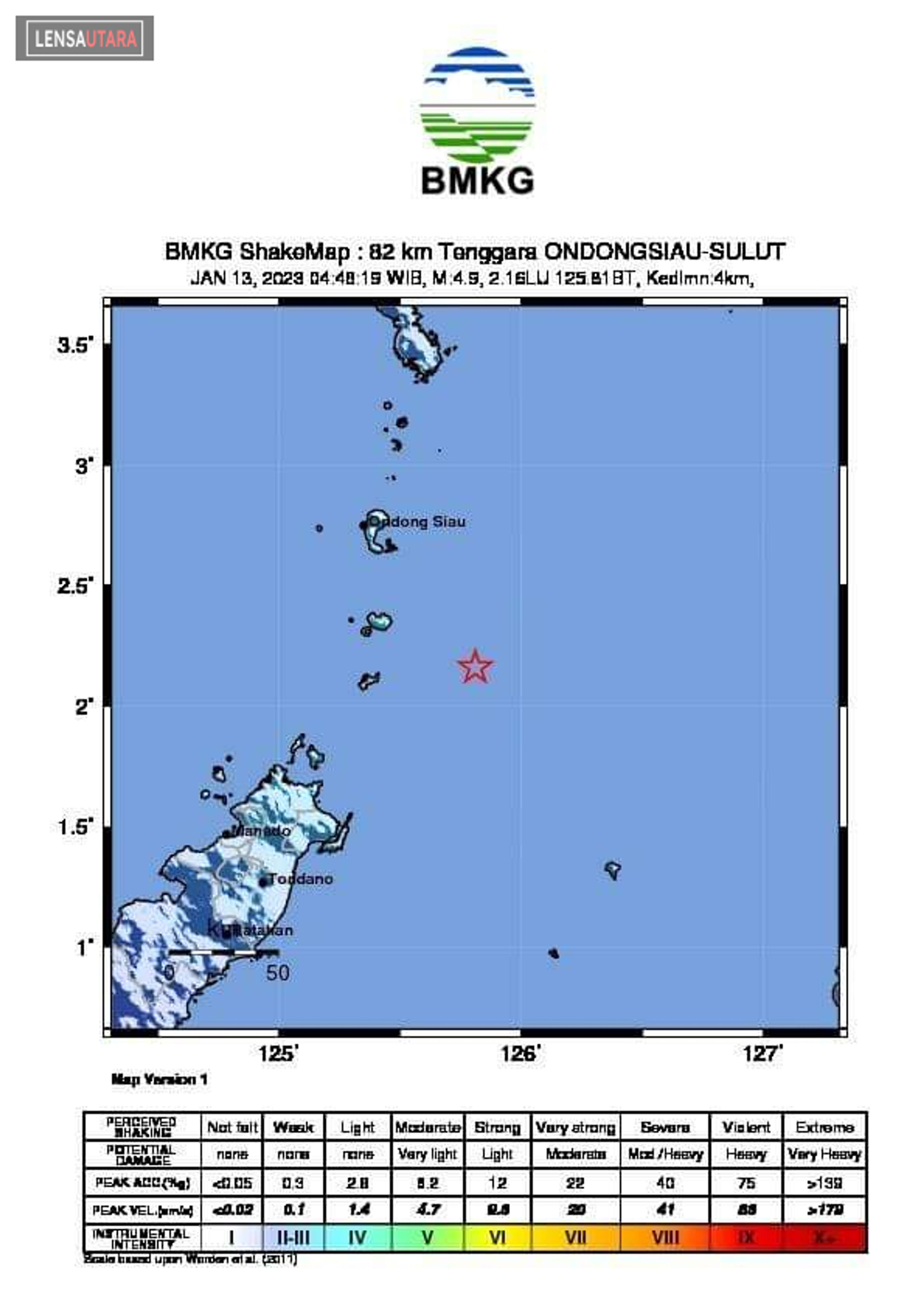 Gempabumi Tektonik M4.9 Terasa di Manado dan Bitung