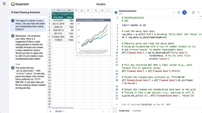A stylized layout showing a data table adjacent to a code block displaying a Python script for data manipulation.