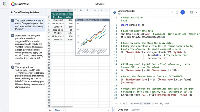 A stylized layout showing a data table adjacent to a code block displaying a Python script for data manipulation.