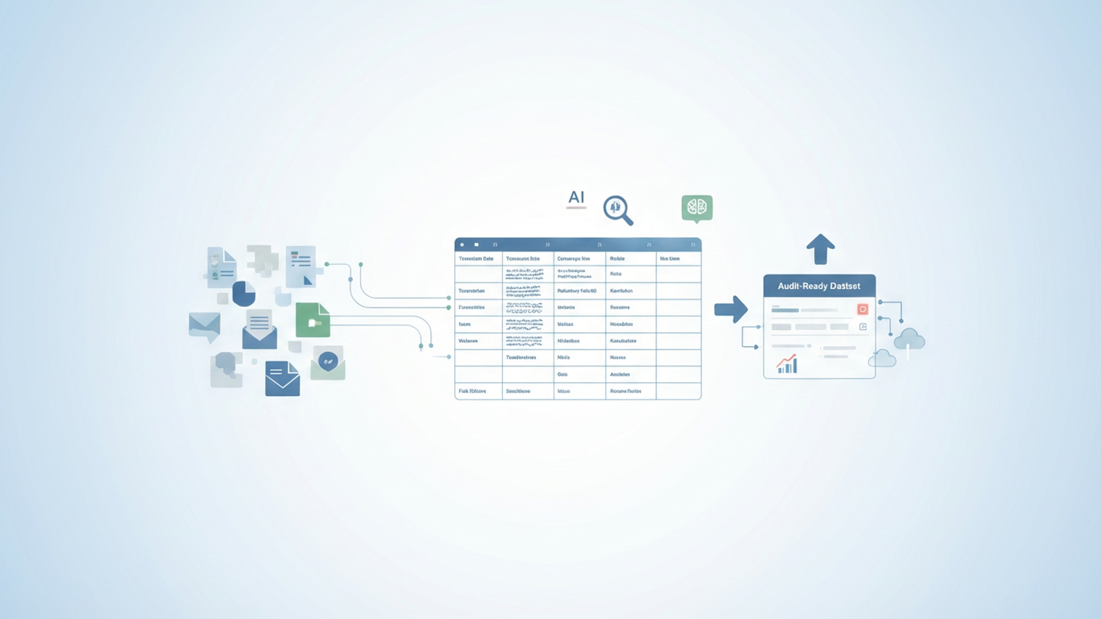 An abstract composition with soft gradients and geometric shapes, featuring diverse, flowing data elements converging into a clean, structured grid, demonstrating the ordering process in unstructured data management.