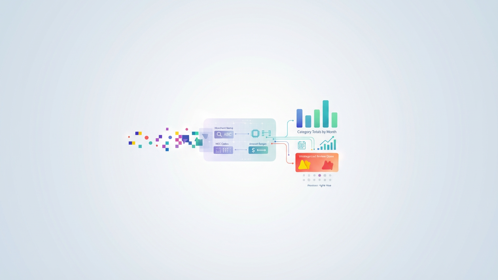 An abstract image displays interconnected geometric shapes and soft, glowing lines, representing the structured logic and transparent data flow of automated transaction categorization into defined financial categories.