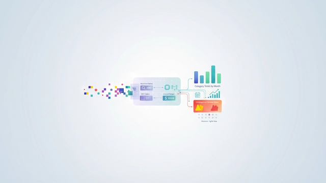 An abstract image displays interconnected geometric shapes and soft, glowing lines, representing the structured logic and transparent data flow of automated transaction categorization into defined financial categories.
