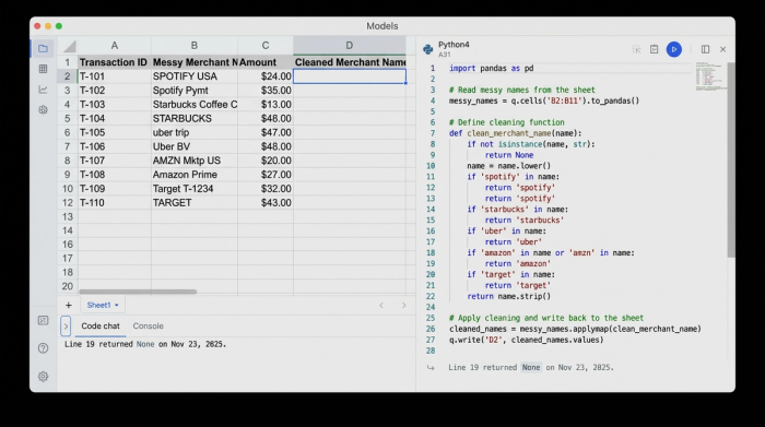 An interface showing a data table, a Python code cell, and charts. The code is actively transforming a column of messy bank merchant names into a clean, standardized list.