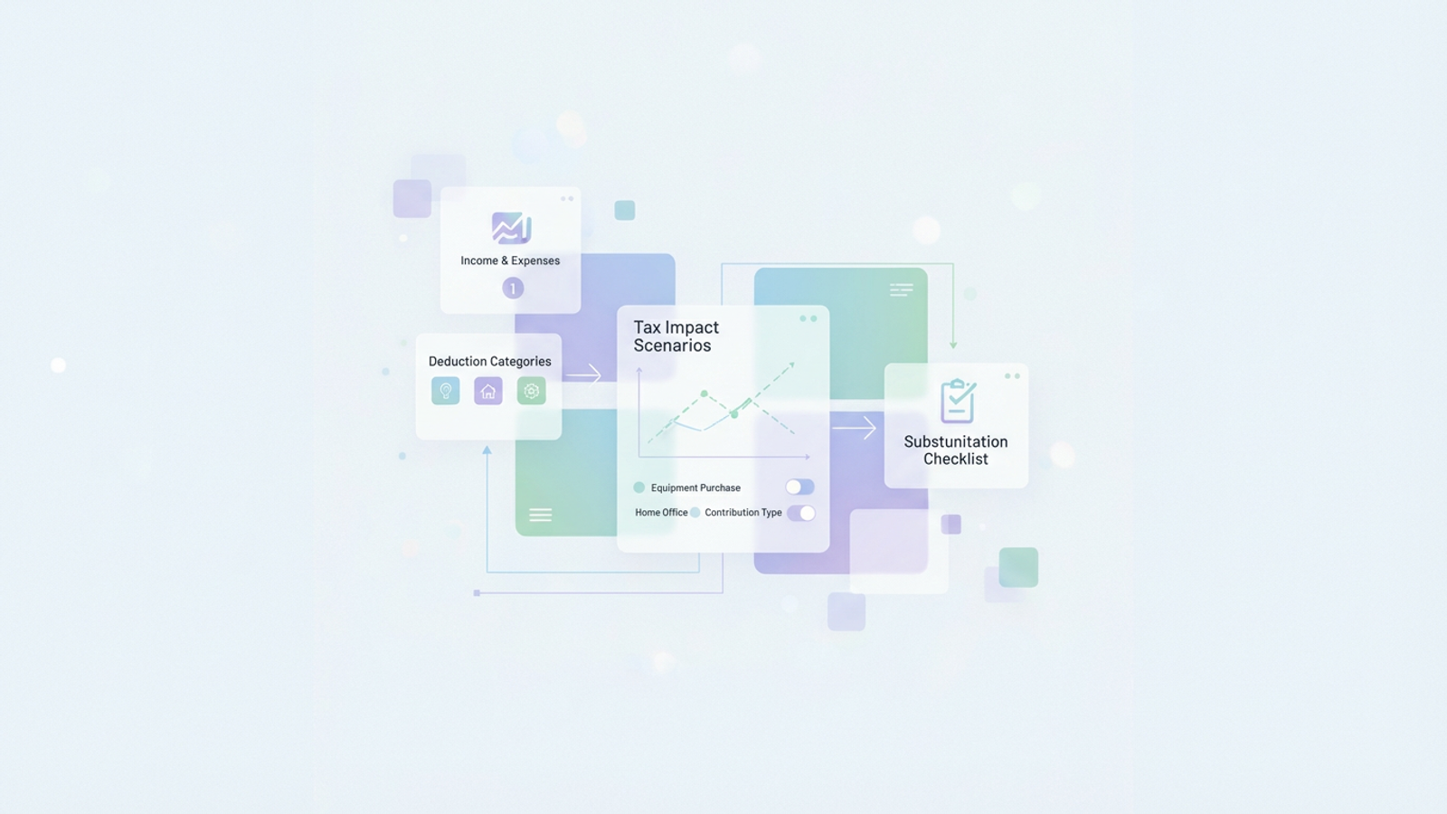 An abstract, modern hero image displays an organized network of soft gradient geometric shapes and subtle data lines, illustrating financial modeling to reduce taxable income for self-employed professionals.