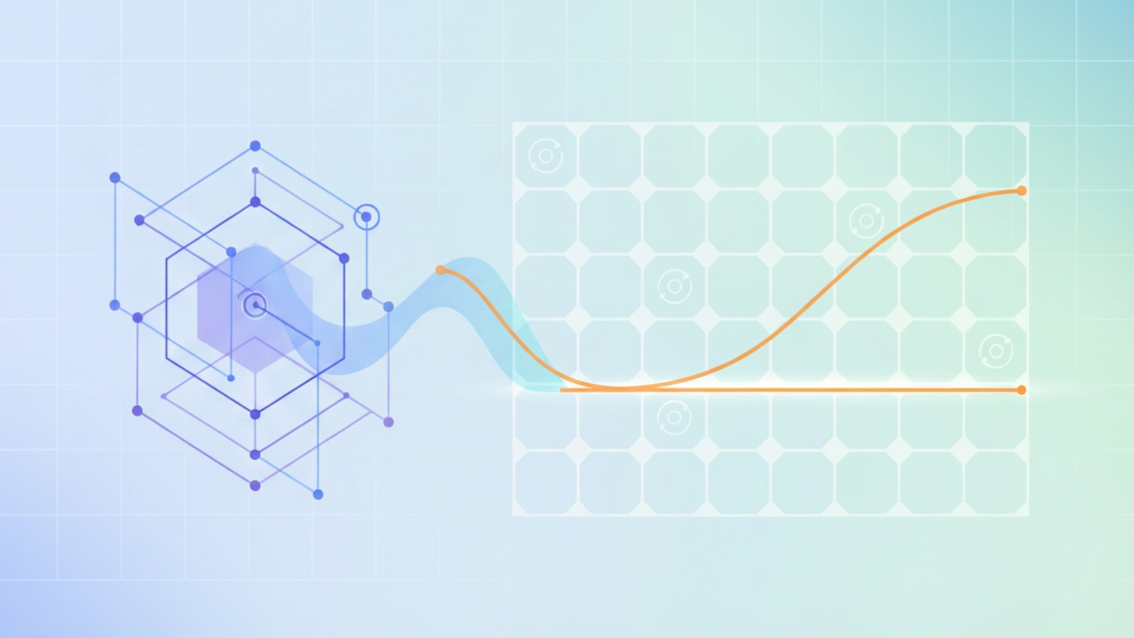 A minimalist abstract illustration shows interconnected geometric data structures with soft gradient transitions, symbolizing precise survival analysis and the integration of complex models into a user-friendly grid.